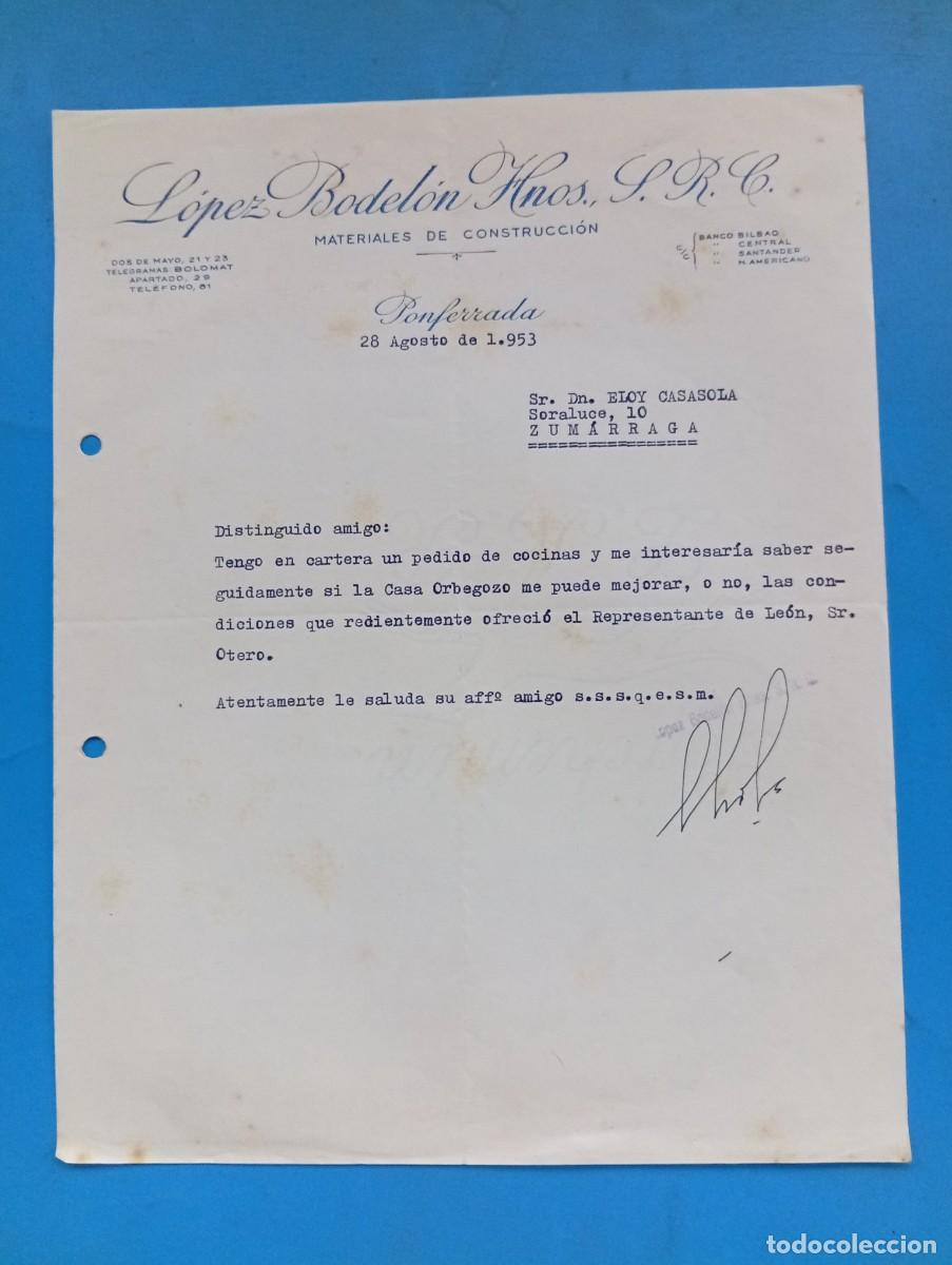 Cartas comerciales: CARTA COMERCIAL. PONFERRADA. 1953. MATERIALES DE CONSTRUCCION. LOPEZ BODELON HNOS.