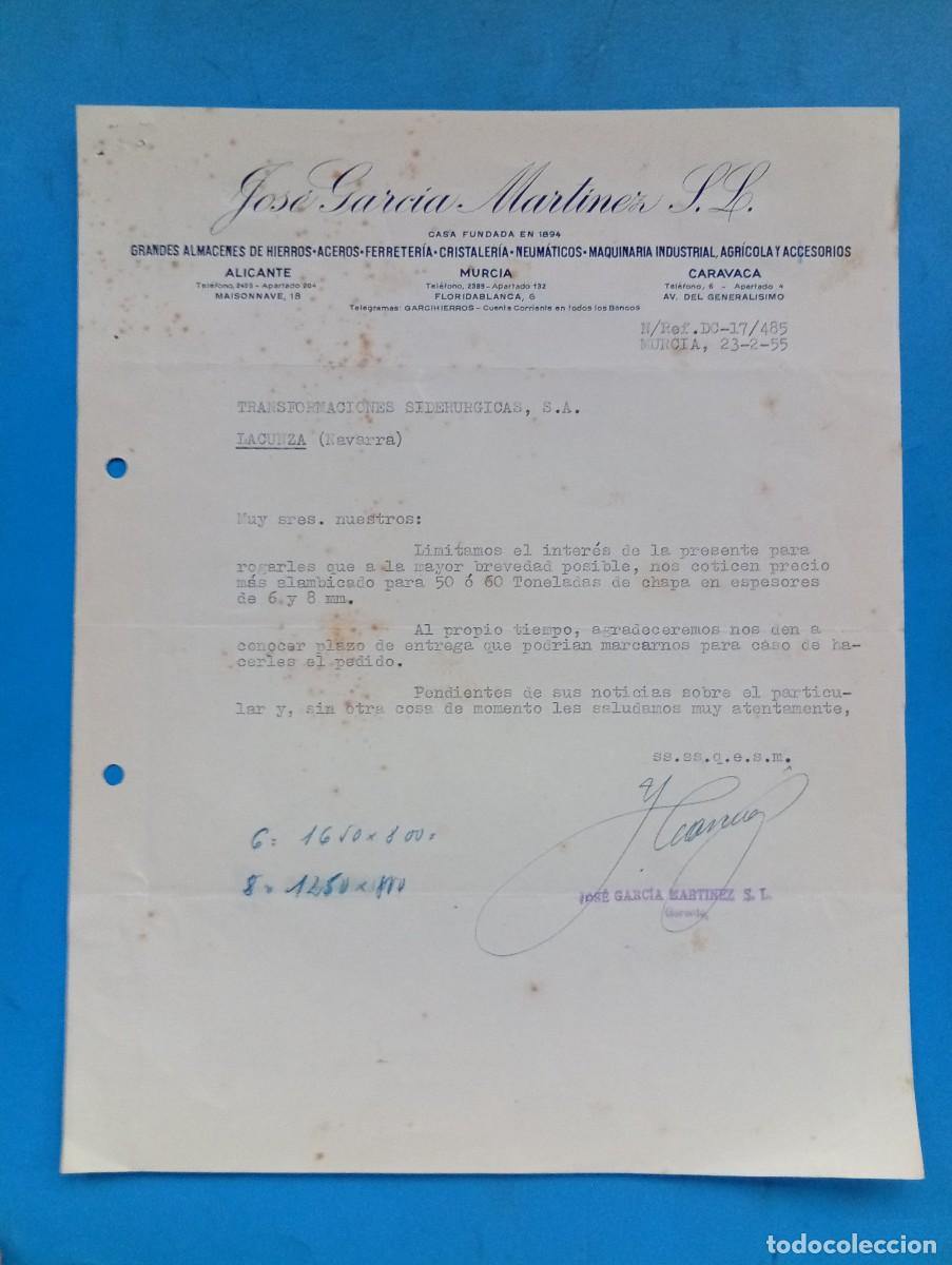 Cartas comerciales: CARTA COMERCIAL. MURCIA. 1955. ALMACENES DE HIERROS-ACEROS-FERRETERIA. JOSE GARCIA MARTINEZ.