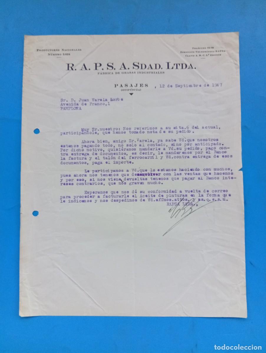 Cartas comerciales: CARTA COMERCIAL. PASAJES, GUIPUZCOA. 1947. FABRICA DE GRASAS INDUSTRIALES. R. A. P. S. A. SDAD. LTDA
