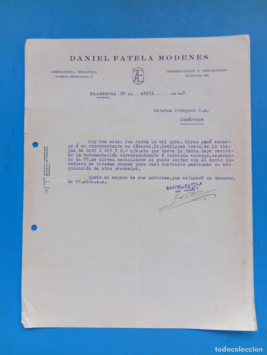 Cartas comerciales: CARTA COMERCIAL. PLASENCIA, CACERES. 1955. CERRAJERIA MECANICA. DANIEL FATELA MODENES.