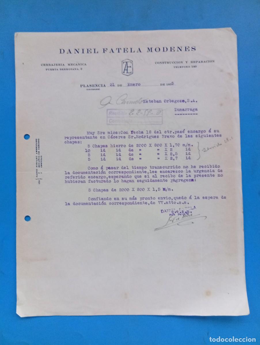 Cartas comerciales: CARTA COMERCIAL. PLASENCIA, CACERES. 1955. CERRAJERIA MECANICA. DANIEL FATELA MODENES.