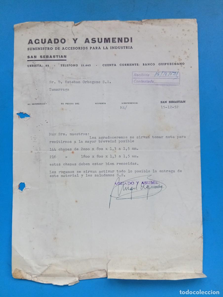 Cartas comerciales: CARTA COMERCIAL. SAN SEBASTIAN. 1952. SUMINISTRO DE ACCESORIOS PARA LA INDUSTRIA. AGUADO Y ASUMENDI.