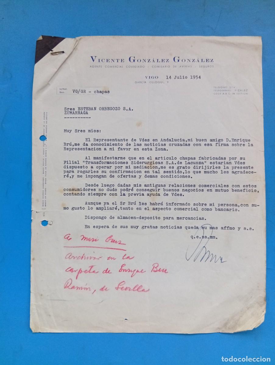 Cartas comerciales: CARTA COMERCIAL. VIGO. 1954. VICENTE GONZALEZ GONZALEZ. AGENTE COMERCIAL COLEGIADO.