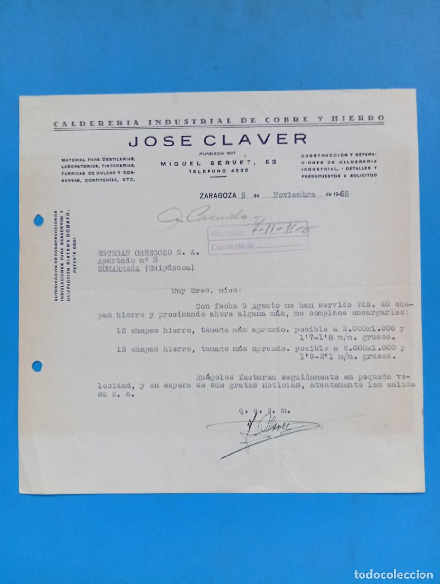 Cartas comerciales: CARTA COMERCIAL. ZARAGOZA. 1955. CALDERERIA INDUSTRIAL DE COBRE E HIERRO. JOSE CLAVER.