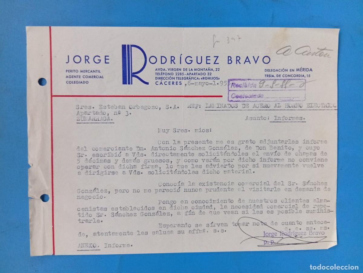 Cartas comerciales: CARTA COMERCIAL. CACERES. 1955. JORGE RODRIGUEZ BRAVO. PERITO MERCANTIL. AGENTE COMERCIAL COLEGIADO.