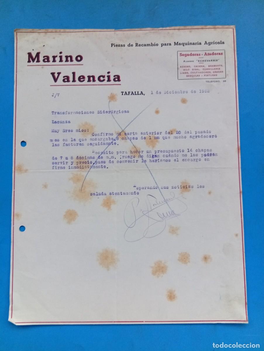 Cartas comerciales: CARTA COMERCIAL. TAFALLA, NAVARRA. 1952. PIEZAS DE RECAMBIO PARA MAQUINARIA AGRICOLA.MARINO VALENCIA