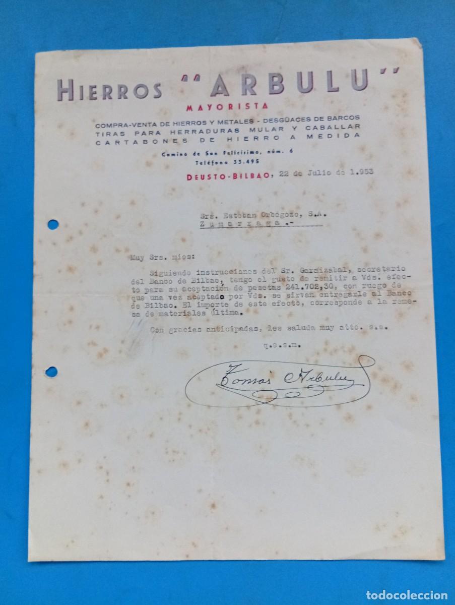 Cartas comerciales: CARTA COMERCIAL. BILBAO. 1953. HIERROS ARBULU. MAYORISTA. DESG&Uuml;ACES DE BARCOS.