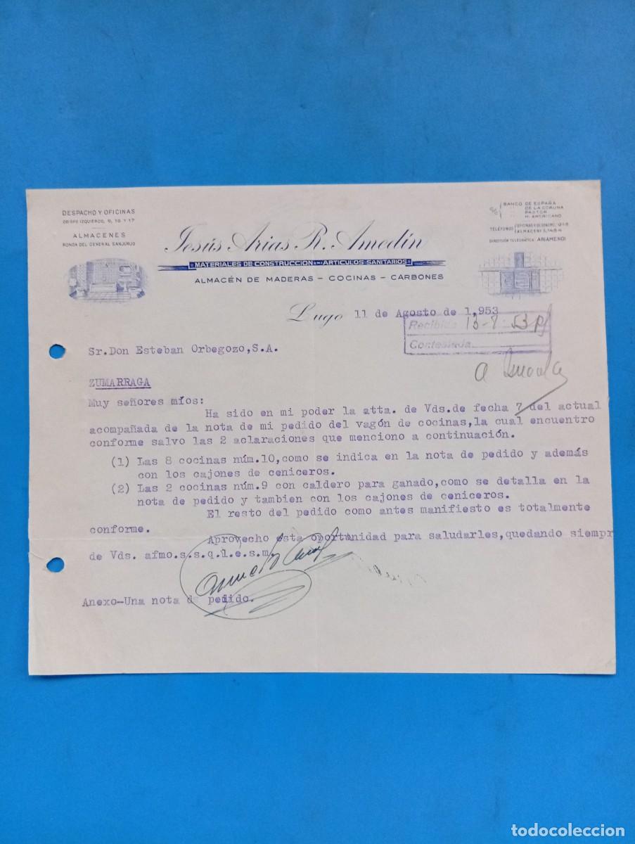 Cartas comerciales: CARTA COMERCIAL. LUGO. 1953. ALMACEN DE MADERAS-COCINAS-CARBONES. JESUS ARIAS R. AMEDIN.