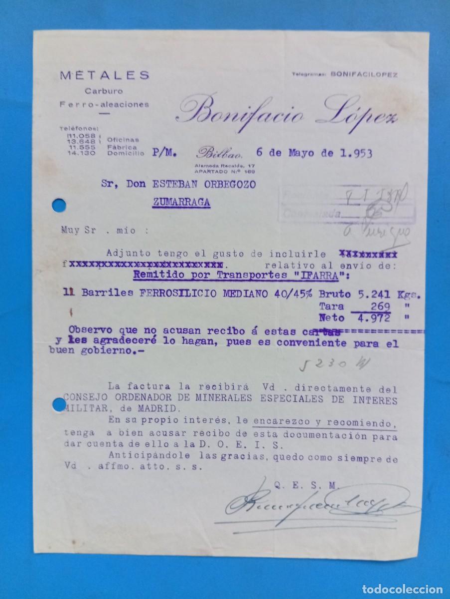 Cartas comerciales: CARTA COMERCIAL. BILBAO. 1953. METALES-CARBURO. BONIFACIO LOPEZ.