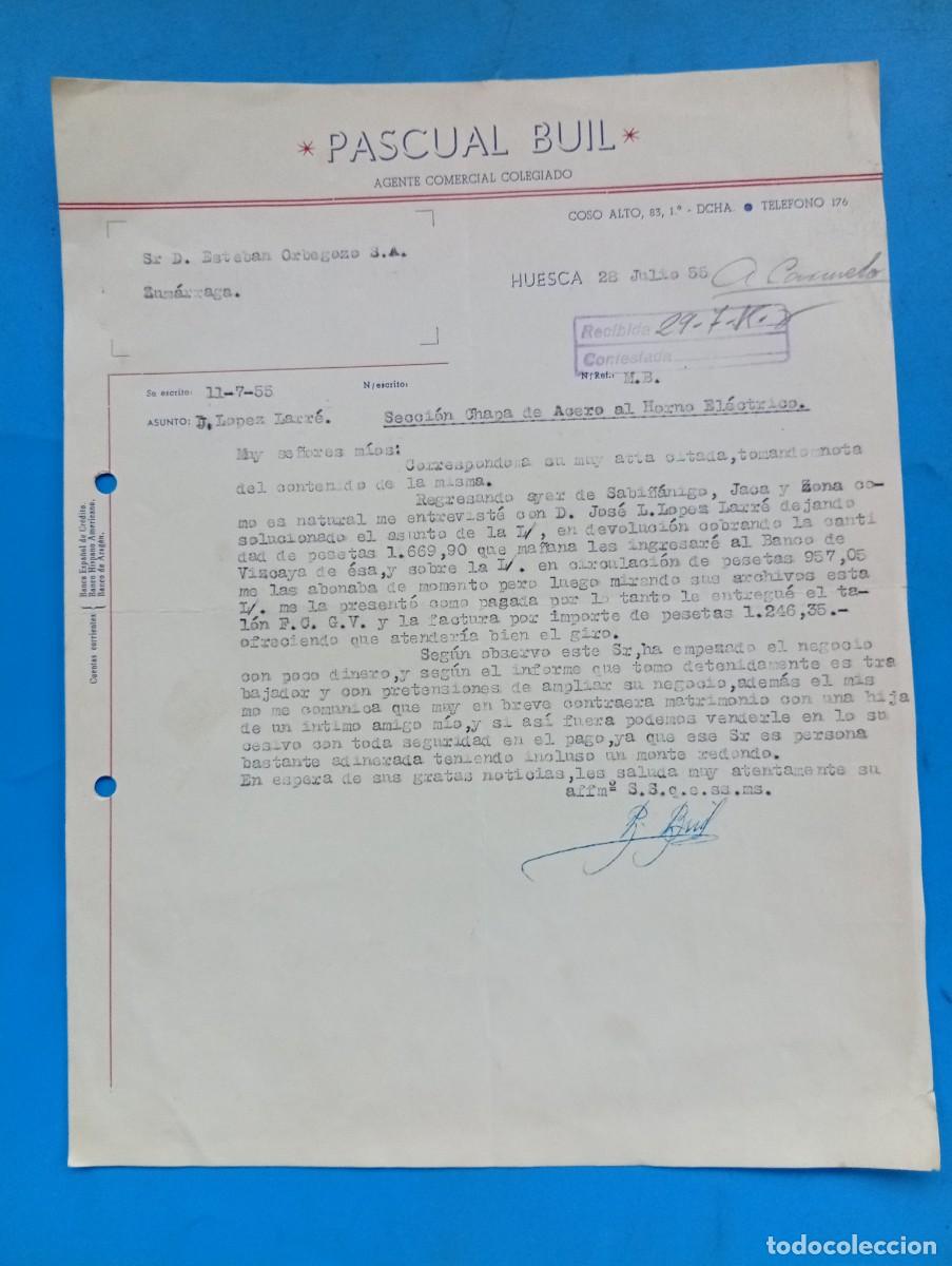Cartas comerciales: CARTA COMERCIAL. HUESCA. 1955. PASCUAL BUIL. AGENTE COMERCIAL COLEGIADO.