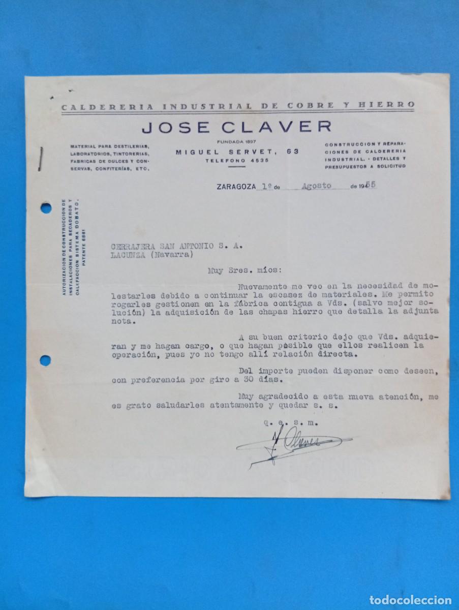 Cartas comerciales: CARTA COMERCIAL. ZARAGOZA. 1955. CALDERERIA INDUSTRIAL DE COBRE E HIERRO. JOSE CLAVER.