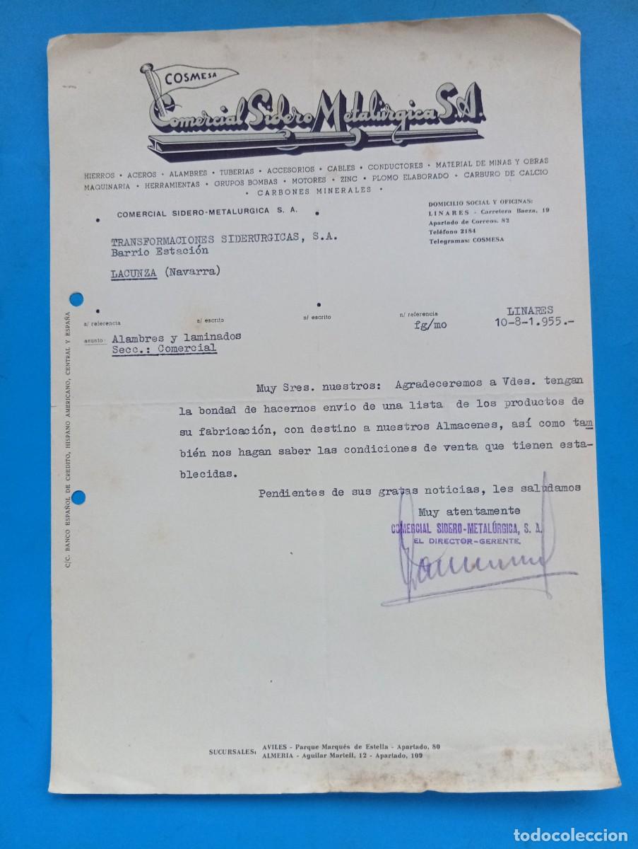 Cartas comerciales: CARTA COMERCIAL. LINARES, JAEN. 1955. COMERCIAL SIDEROMETALURGICA S.A. COSMESA.
