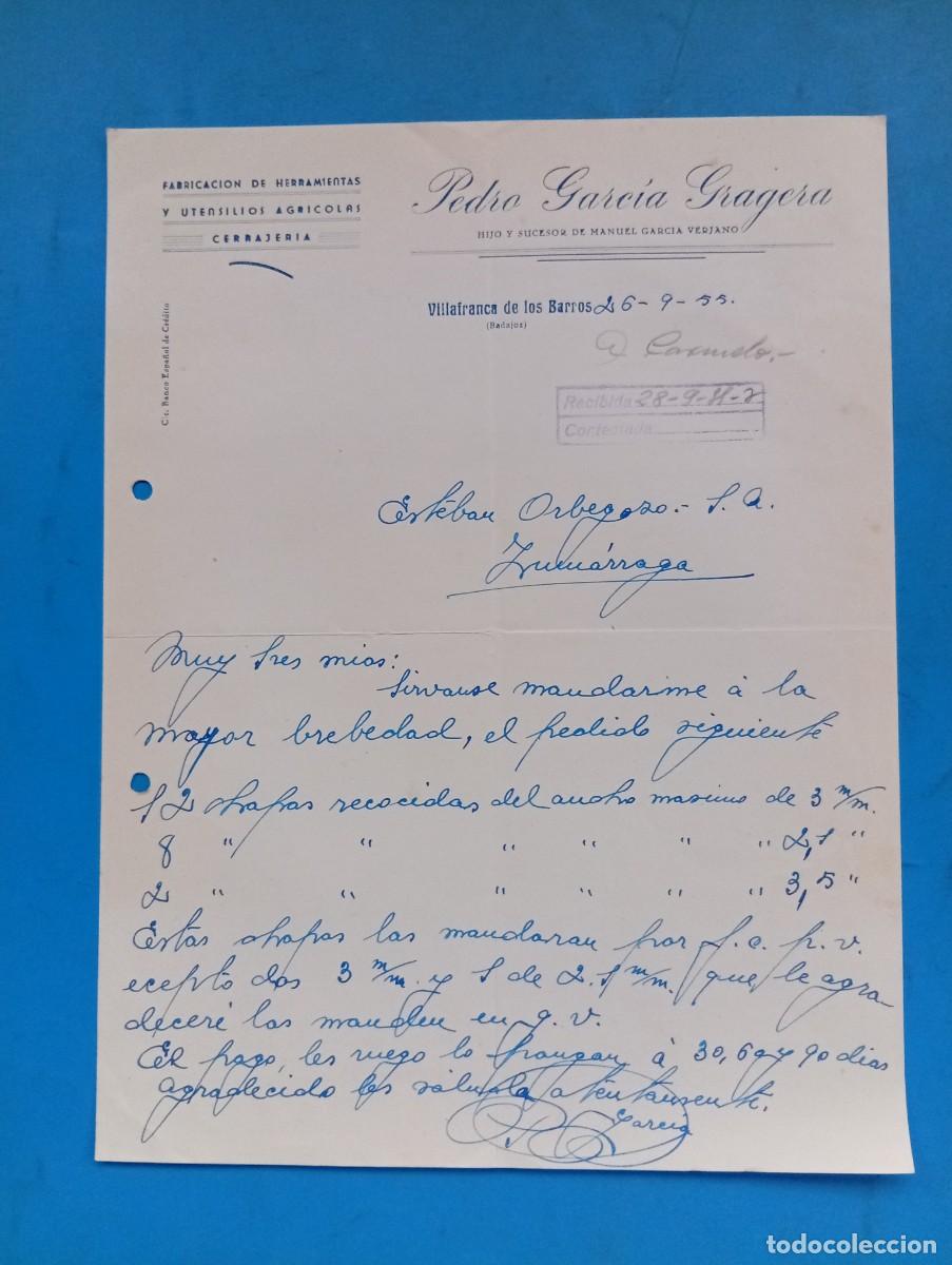 Cartas comerciales: CARTA COMERCIAL. VILLAGARCIA DE LOS BARROS, BADAJOZ. 1955. FABRICACION DE HERRAMIENTAS. PEDRO GARCIA