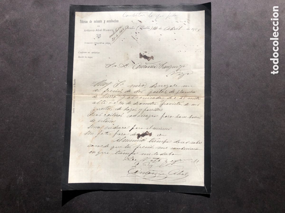 Cartas comerciales: Carta comercial fabrica de salaz&oacute;n y escabeches ANTONIO ABAL RIVEIRO CORU&Ntilde;A VIGO
