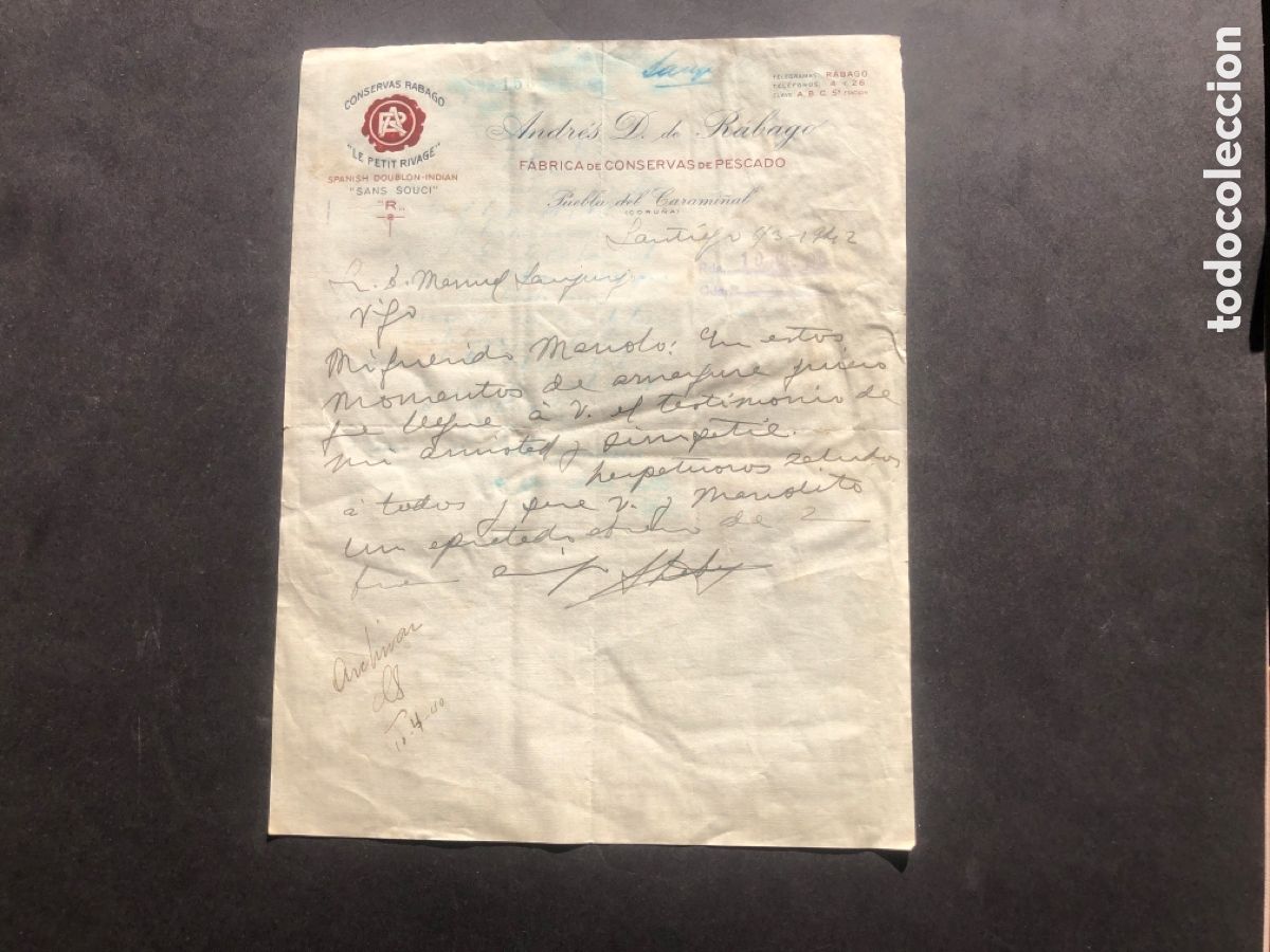 Cartas comerciales: Carta comercial FABRICA DE CONSERVAS RABAGO Puebla del Carami&ntilde;al CORU&Ntilde;A VIGO
