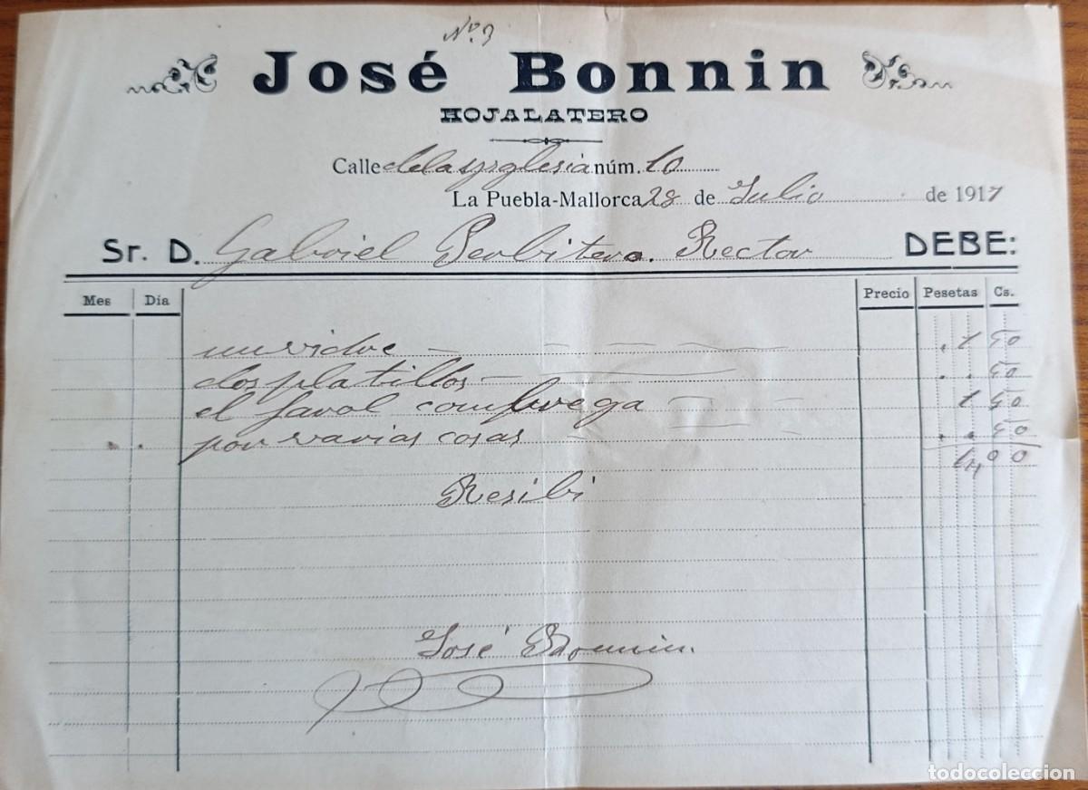Cartas comerciales: CARTA COMERCIAL. JOS&Eacute; BONNIN. HOJALATERO. LA PUEBLA, 1917. SA POBLA. MALLORCA.