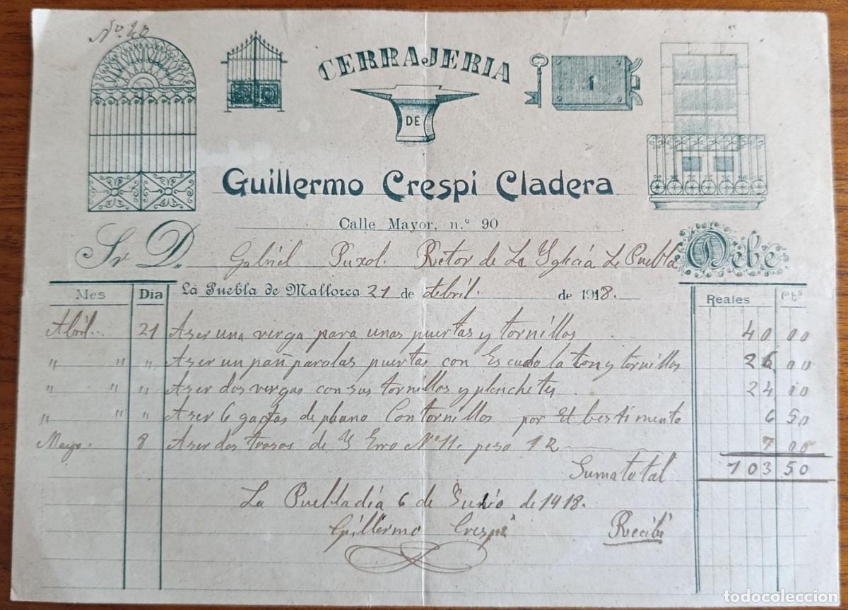 Cartas comerciales: CARTA COMERCIAL. GUILLERMO CRESP&Iacute; CLADERA. CERRAJER&Iacute;A. 1918. SA POBLA. MALLORCA.