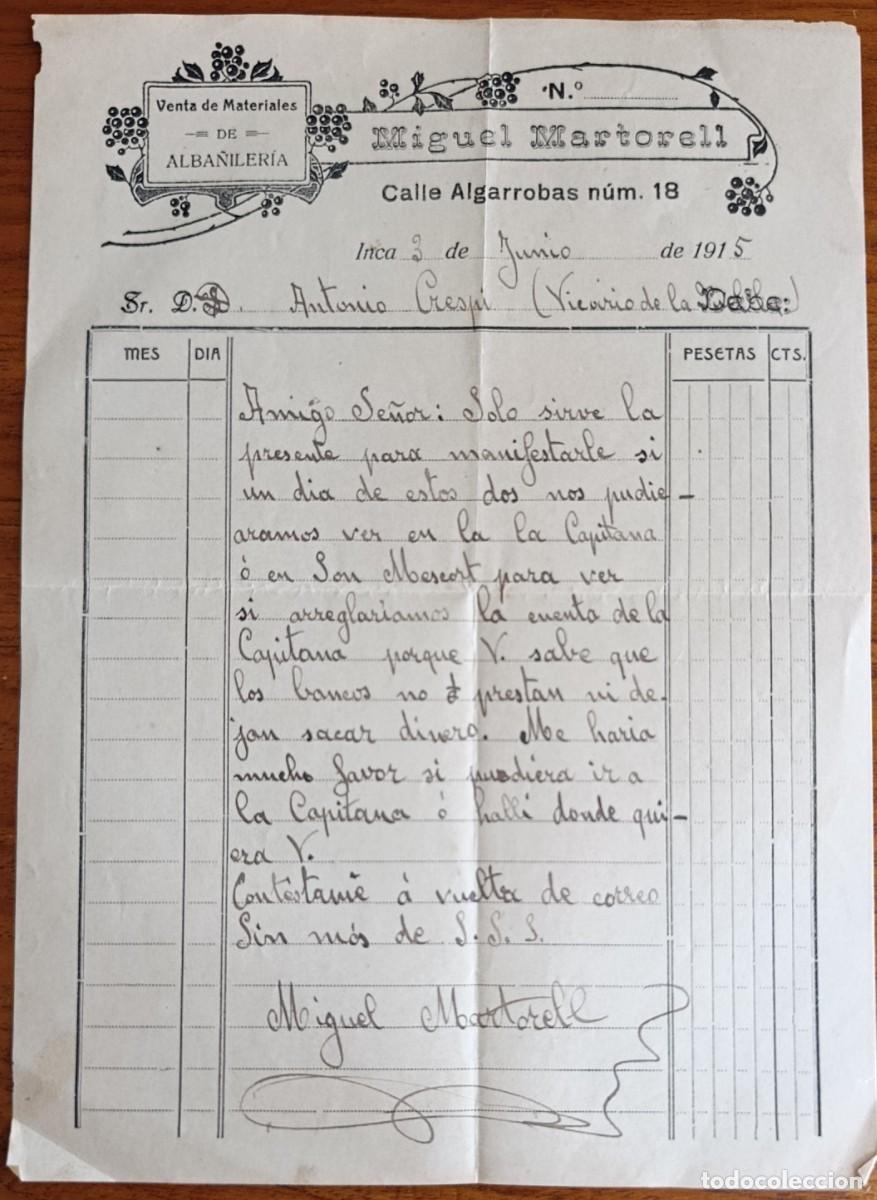 Cartas comerciales: CARTA COMERCIAL. MIGUEL MARTORELL. MATERIALES DE ALBA&Ntilde;ILER&Iacute;A. INCA, 1915. MALLORCA.