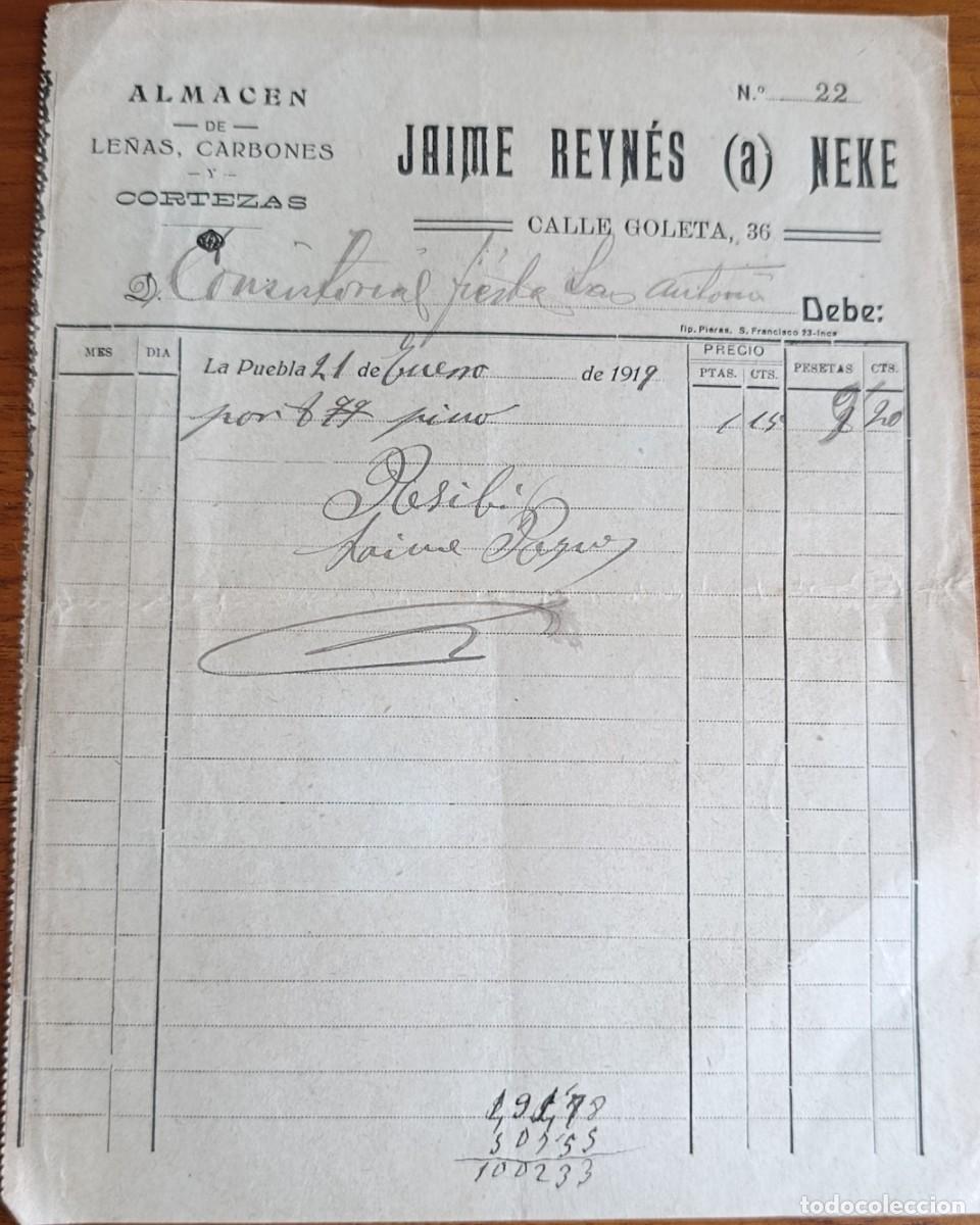 Cartas comerciales: CARTA COMERCIAL. LE&Ntilde;AS, CARBONES Y CORTEZAS. JAIME REYN&Eacute;S. LA PUEBLA/ SA POBLA, MALLORCA, 1919.