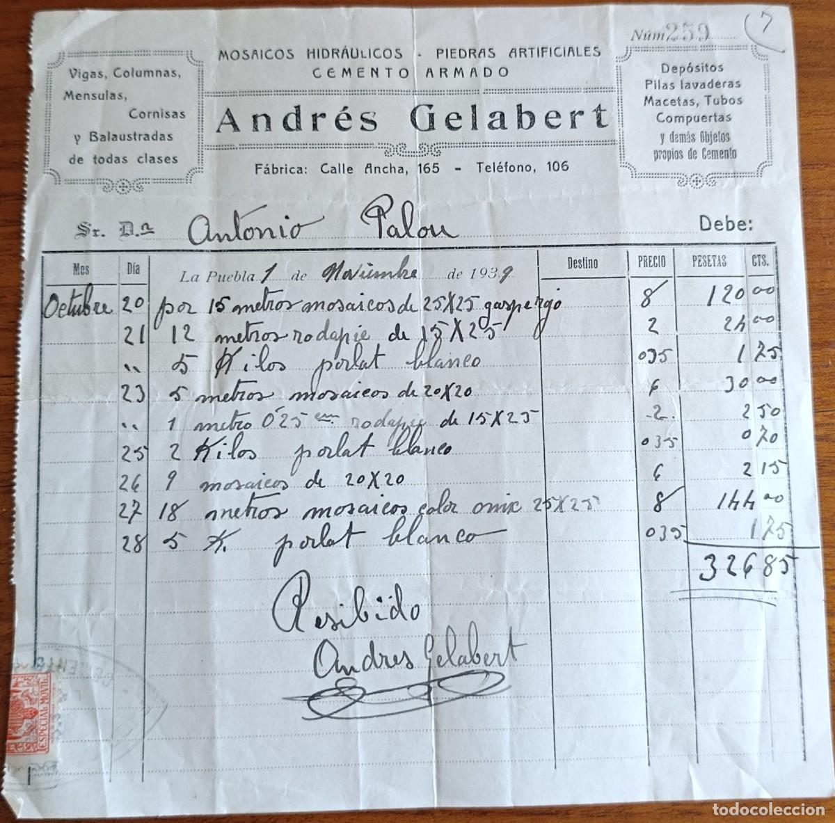 Cartas comerciales: CARTA COMERCIAL. MOSAICOS HIDR&Aacute;ULICOS Y PIEDRAS ARTIFICIALES. LA PUEBLA, MALLORCA, 1939.