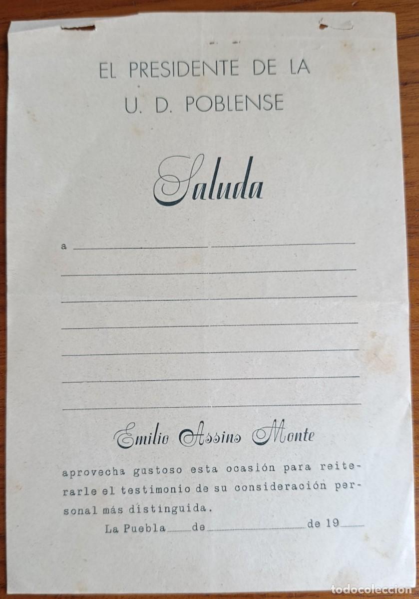 Cartas comerciales: HOJA COMERCIAL. SALUDO DEL PRESIDENTE DE LA U.D. POBLENSE EMILIO ASSINS. MALLORCA, A&Ntilde;OS 20.