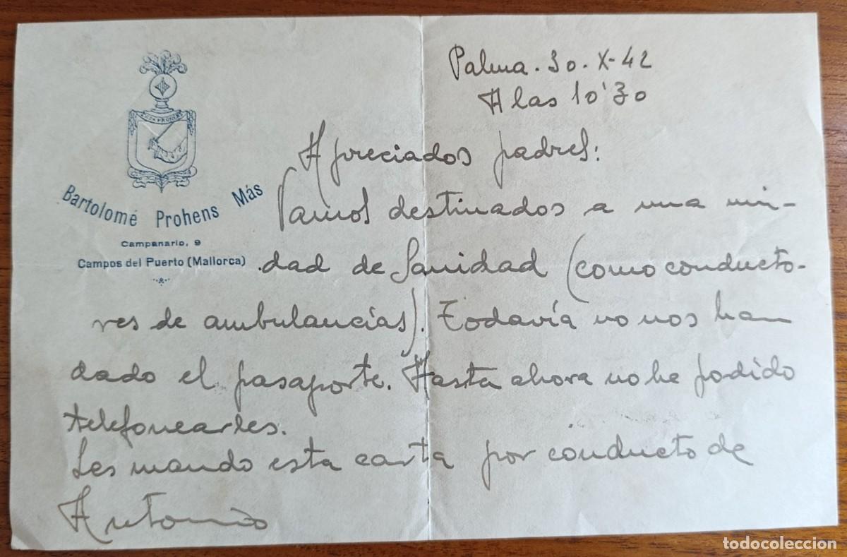 Cartas comerciales: CARTA COMERCIAL. BARTOLOM&Eacute; PROHENS MAS. CAMPOS DEL PUERTO. MALLORCA. 1942.