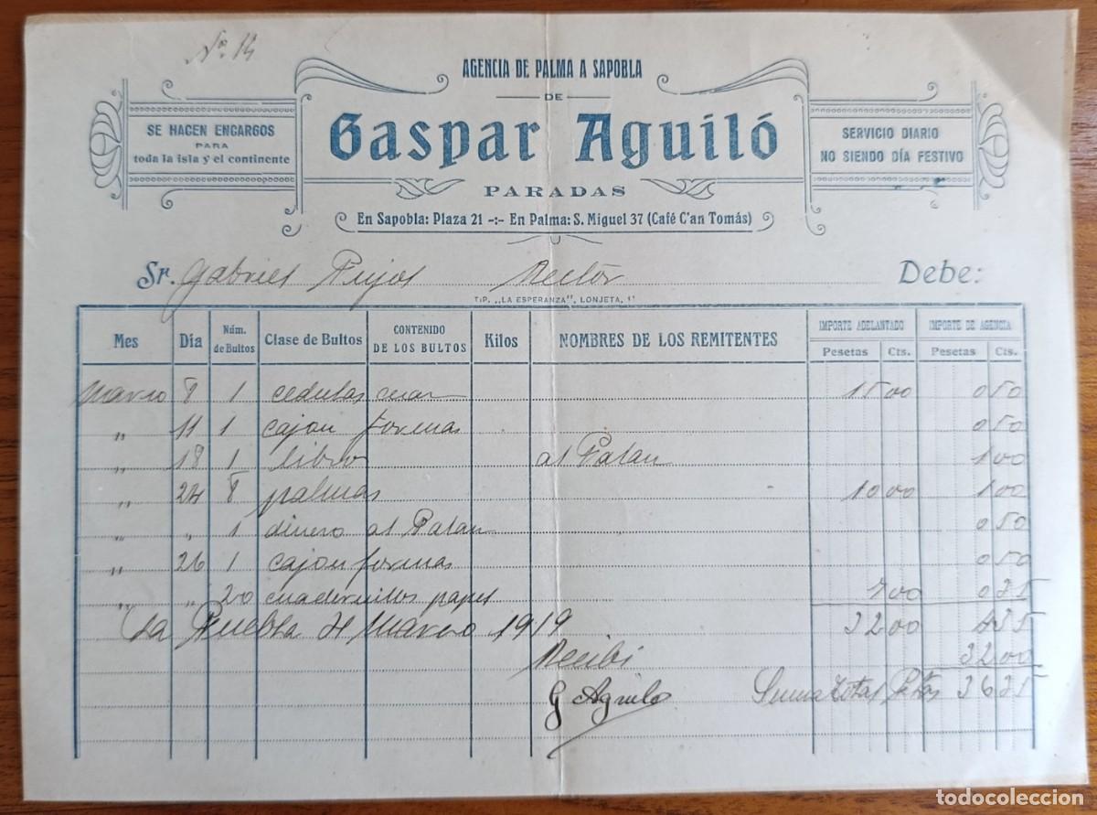 Cartas comerciales: CARTA COMERCIAL. GASPARA AGUIL&Oacute;. AGENCIA TRANSPORTE PALMA DE MALLORCA -SA POBLA. 1919.