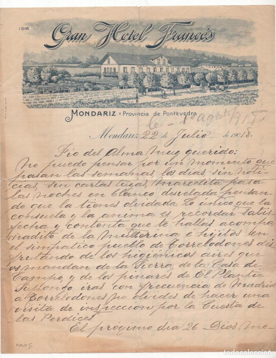 Cartas comerciales: CARTA MANUSCRITA COMERCIAL. EL 22 DE JULIO DE 1918. GRAN HOTEL FRANC&Eacute;S EN MONDARIZ, PONTEVEDRA.