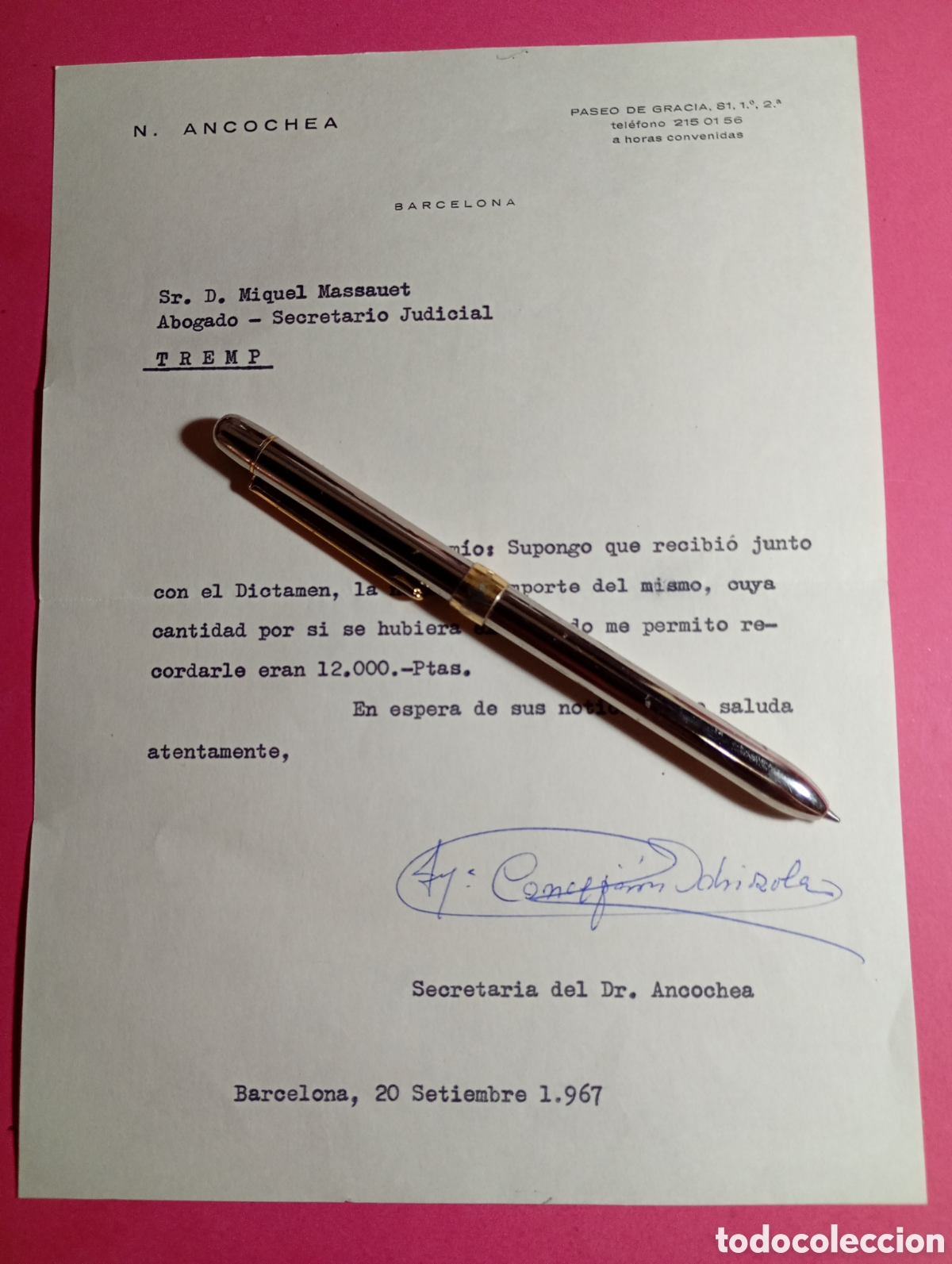 Cartas comerciales: BARCELONA A TREMP 20/9/1957 NOTA RECORDANDO EL IMPORTE DE UNA MINUTA PENDIENTE DE ABONO