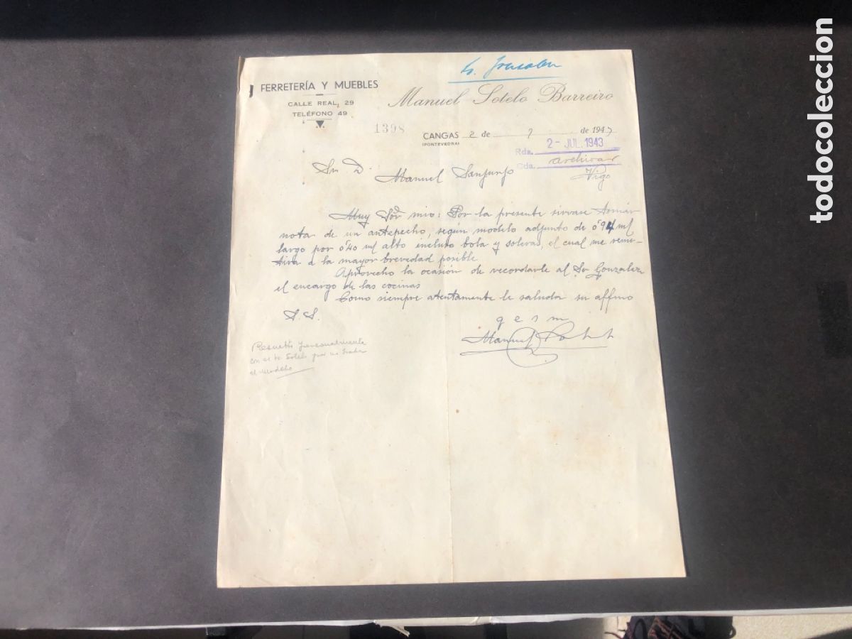 Cartas comerciales: Carta comercial FERRETERIA Y MUEBLES MANUEL SOTELO BARREIRO CANGAS VIGO