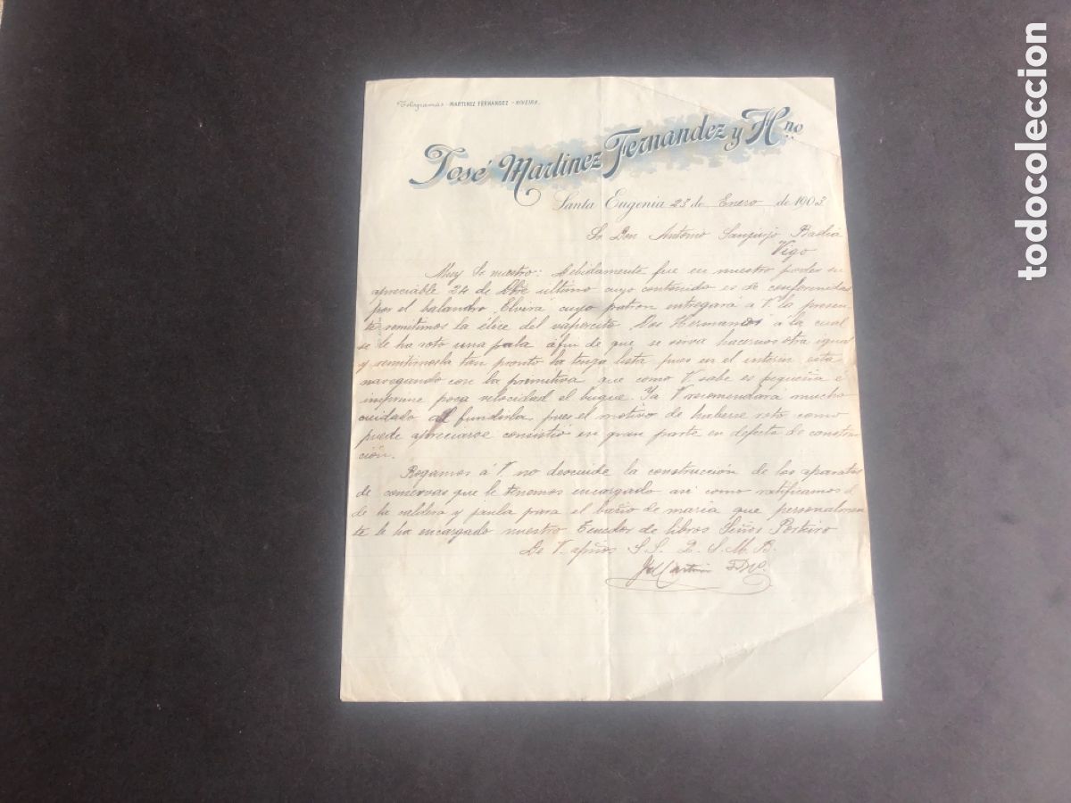 Cartas comerciales: Carta comercial JOSE MARTINEZ FERNANDEZ Y Hno Santa Eugenia CORU&Ntilde;A VIGO