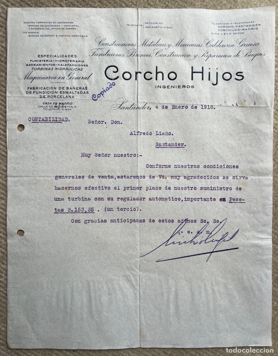 Cartas comerciales: Carta comercial de Corcho Hijos. ingenieros (Santander, 1918) Construcciones Met&aacute;licas y Calderer&iacute;a