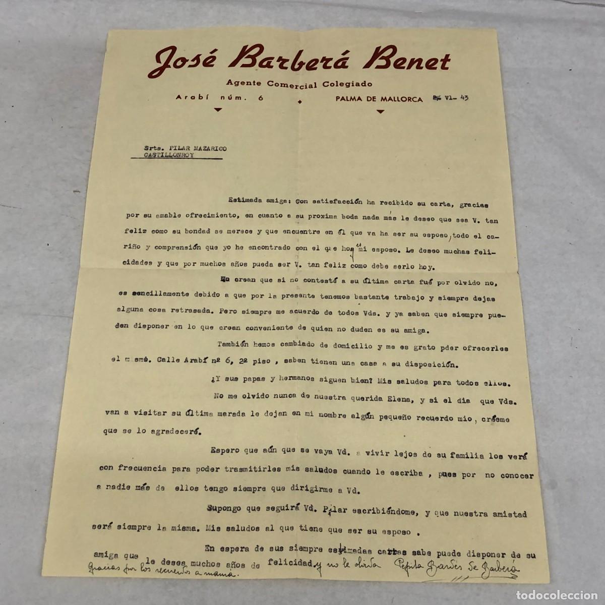 Cartas comerciales: CARTA MECANOSCRITA - JOS&Eacute; BARBER&Aacute; BENET, AGENTE COMERCIAL - PALMA DE MALLORCA, 1943 / 1130