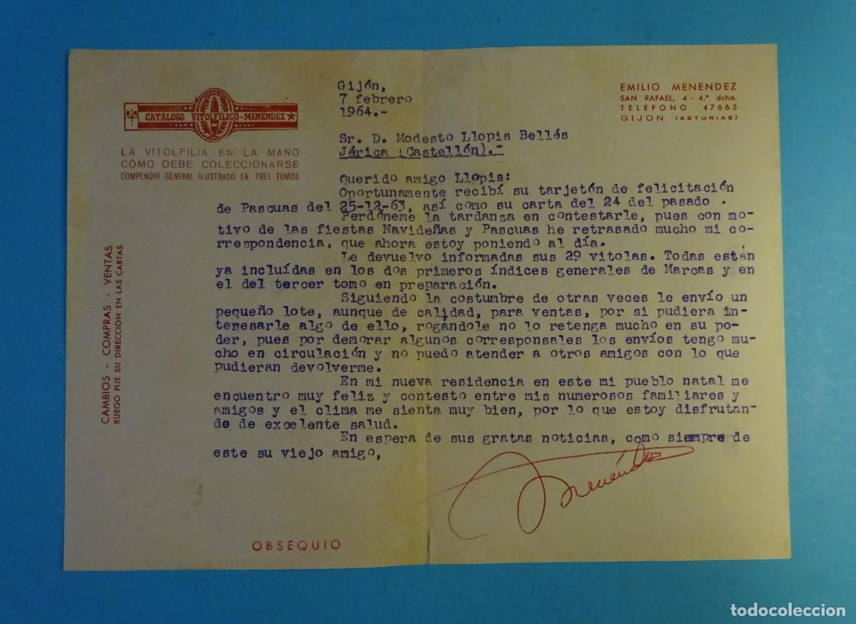 Cartas comerciales: VITOFILIA CARTA DE EMILIO MEN&Eacute;NDEZ A COLECCIONISTA. 1964