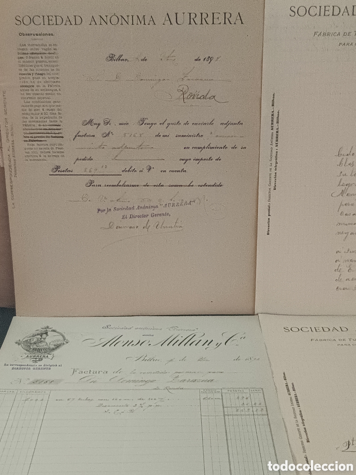Cartas comerciales: LOTE 6 FACTURAS Y 14 CARTAS MANUSCRITAS DE S A AURRERA BILBAO 1898 INDUSTRIAS Y BARCOS