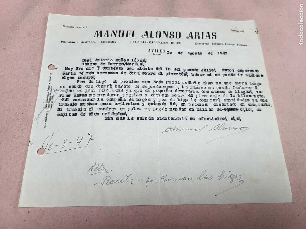 Cartas comerciales: ANTIGUA CARTA COMERCIAL ALONSO ARIAS EMBUTIDOS CONFITERIA AVILES ASTURIAS 1947