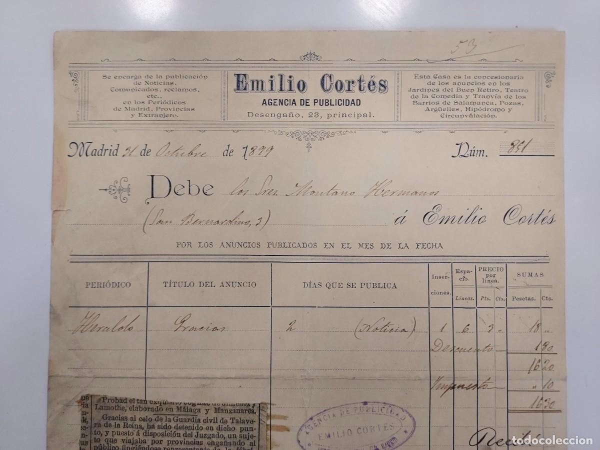 Lettres commerciales: FACTURA A&Ntilde;O 1900 MADRID. EMILIO CORTES AGENCIA PUBLICIDAD NOTICIA CALLE DESENGA&Ntilde;O. HERMANOS MONTANO