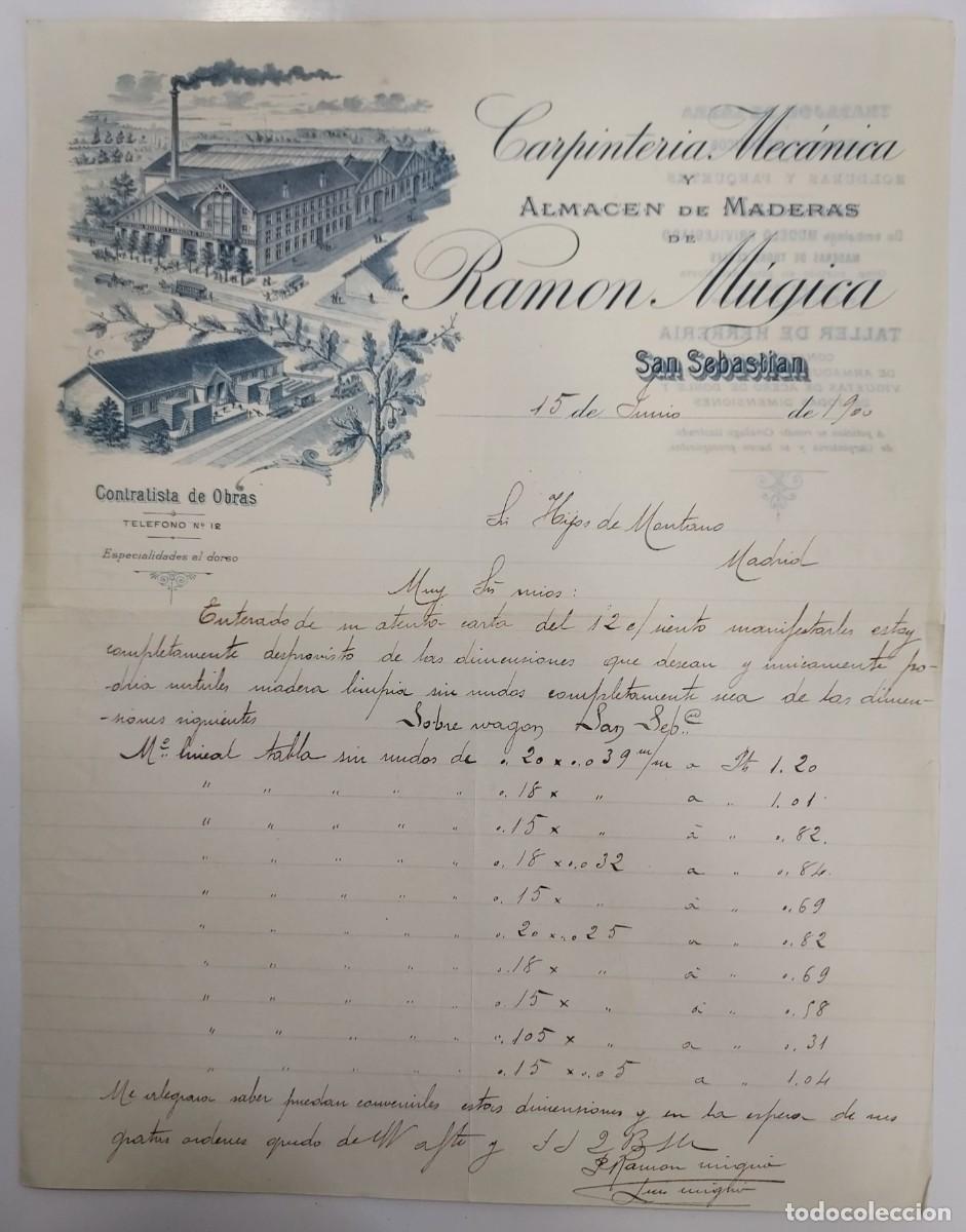 Cartas comerciales: CARTA A&Ntilde;O 1900 SAN SEBASTIAN CARPINTERIA MECANICA ALMACEN MADERAS RAMON MUGICA. HIJOS MONTANO.