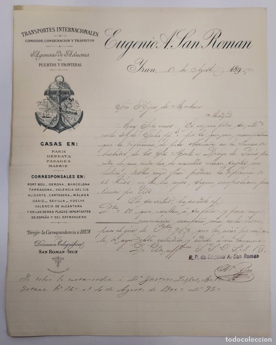 Cartas comerciales: CARTA A&Ntilde;O 1900 IRUN EUGENIO A. SAN ROMAN TRANSPORTES INTERNACIONALES ADUANAS. HIJOS MONTANO