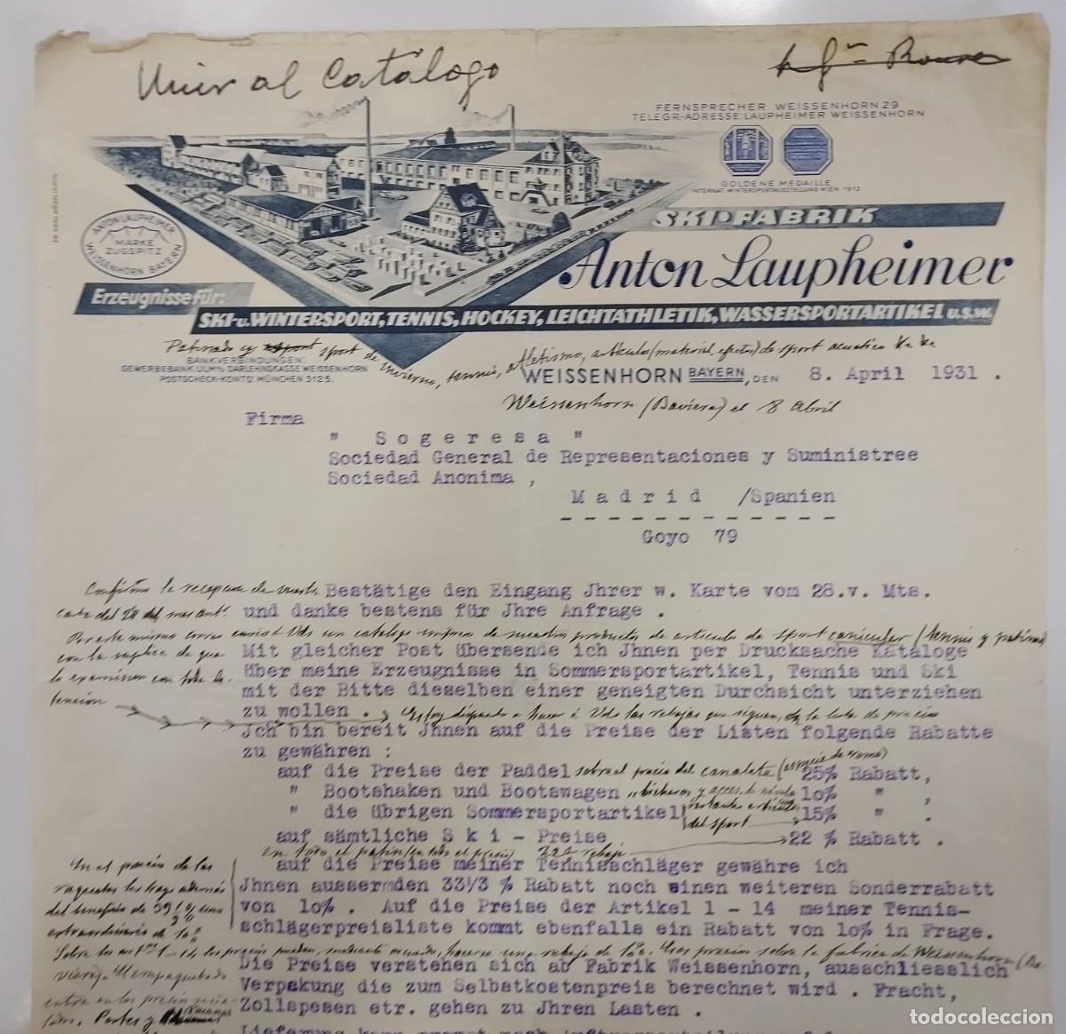 Cartas comerciales: CARTA A&Ntilde;O 1931 Weissenhorn Bayer, SKI FABRIC ANTON LAUPHEIMER. ARTICULOS DEPORTIVOS. MADRID SOGERESA