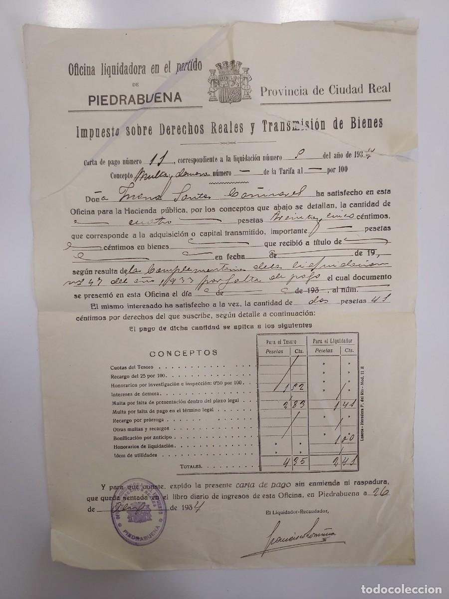 Cartas comerciales: PIEDRABUENA, CIUDAD REAL. A&Ntilde;O 1934 IMPUESTO SOBRE DERECHOS REALES Y TRANSMISION DE BIENES