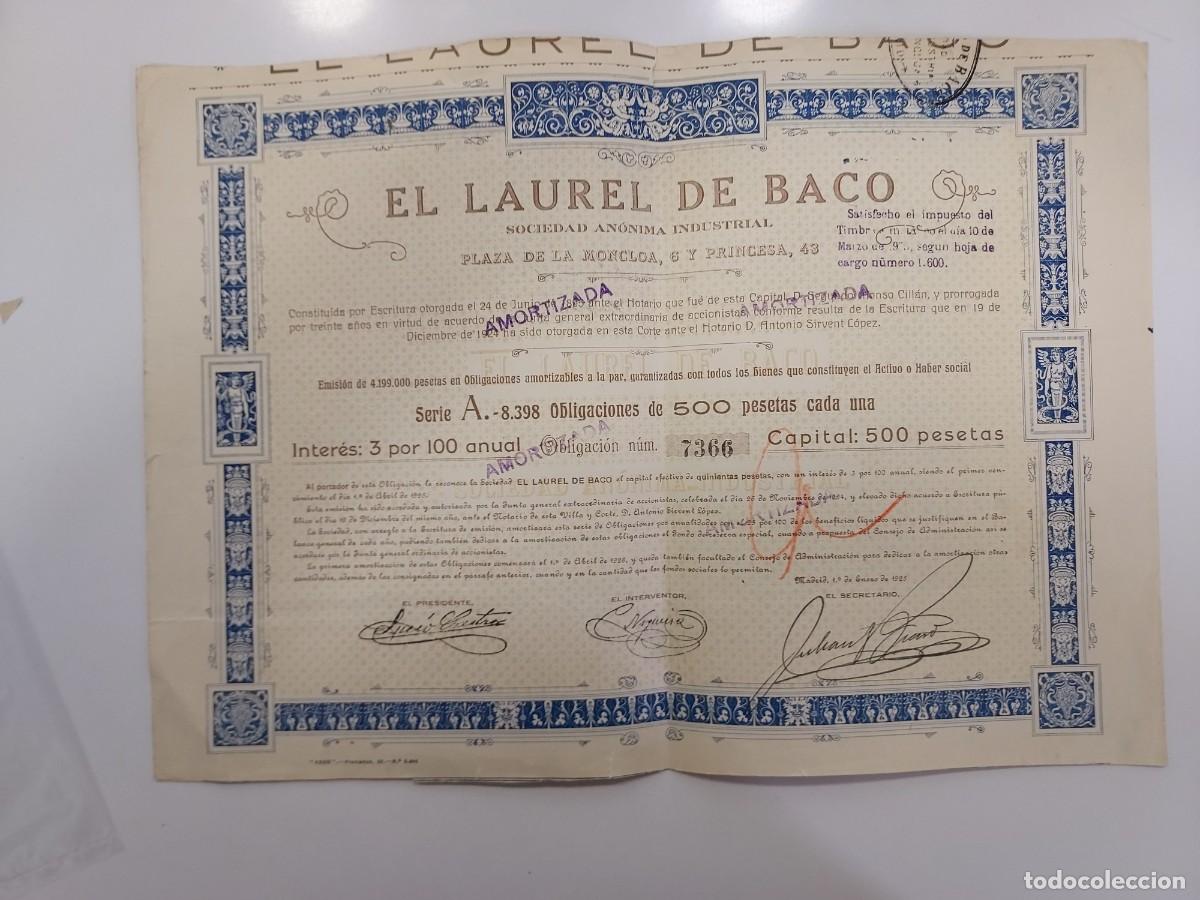 Cartas comerciales: Sociedad An&oacute;nima Industrial El Laurel de Baco a&ntilde;o 1925 Obligacion 500 pesetas pagado 1950-1955