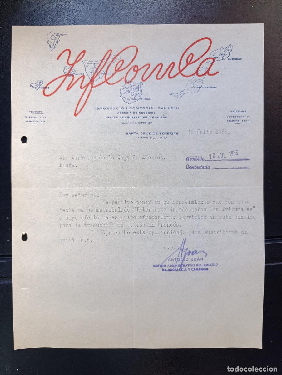 Cartas comerciales: SEGUNDA REPUBLICA. CARTA INFORMACI&Oacute;N COMERCIAL CANARIA-INFCOMCA-SANTA CRUZ DE TENERIFE. 1935.