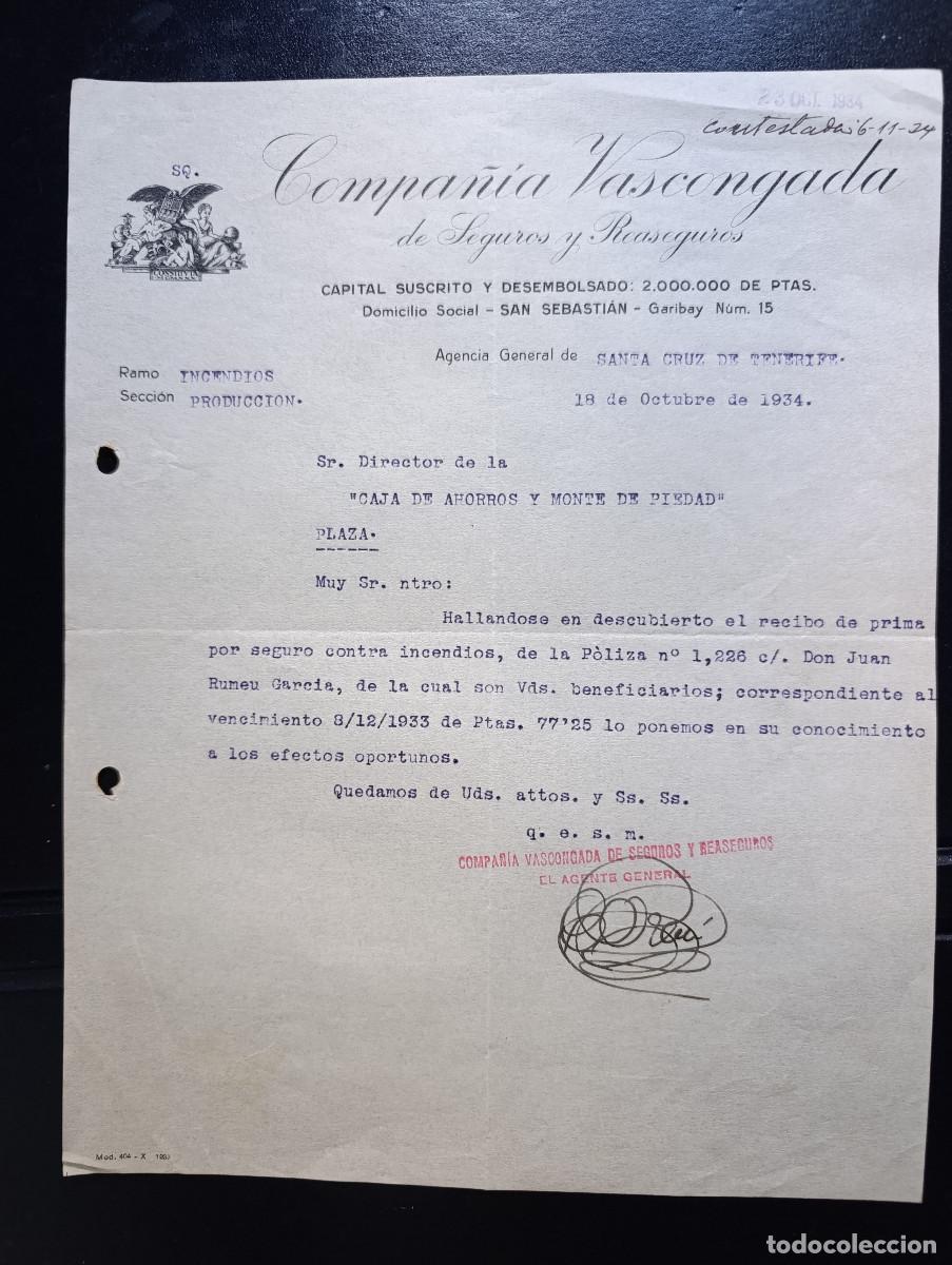 Cartas comerciales: SEGUNDA REPUBLICA. CARTA COMERCIAL COMPA&Ntilde;IA VASCONGADA DE SEGUROS Y REASEGURADOS. 1934. - Foto 1