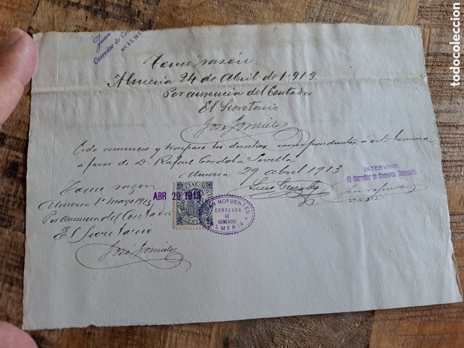 Cartas comerciales: Jml Documento timbre Sello especial m&oacute;vil 25 cts Nofuentes Almeria a&ntilde;o 1913. TRASPASO.