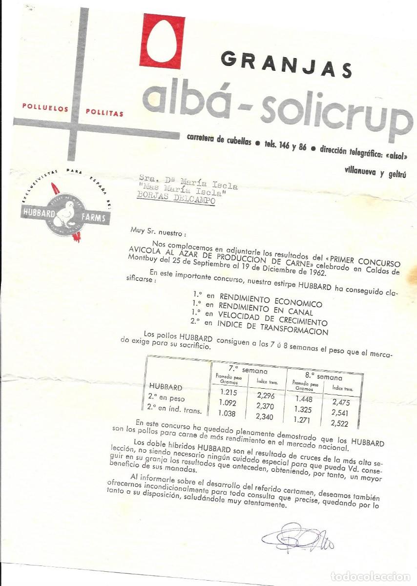 Cartas comerciales: Folleto concurso av&iacute;cola + carta Granja Alb&aacute;-Solicrup + sobre con logo. Fecha :1962