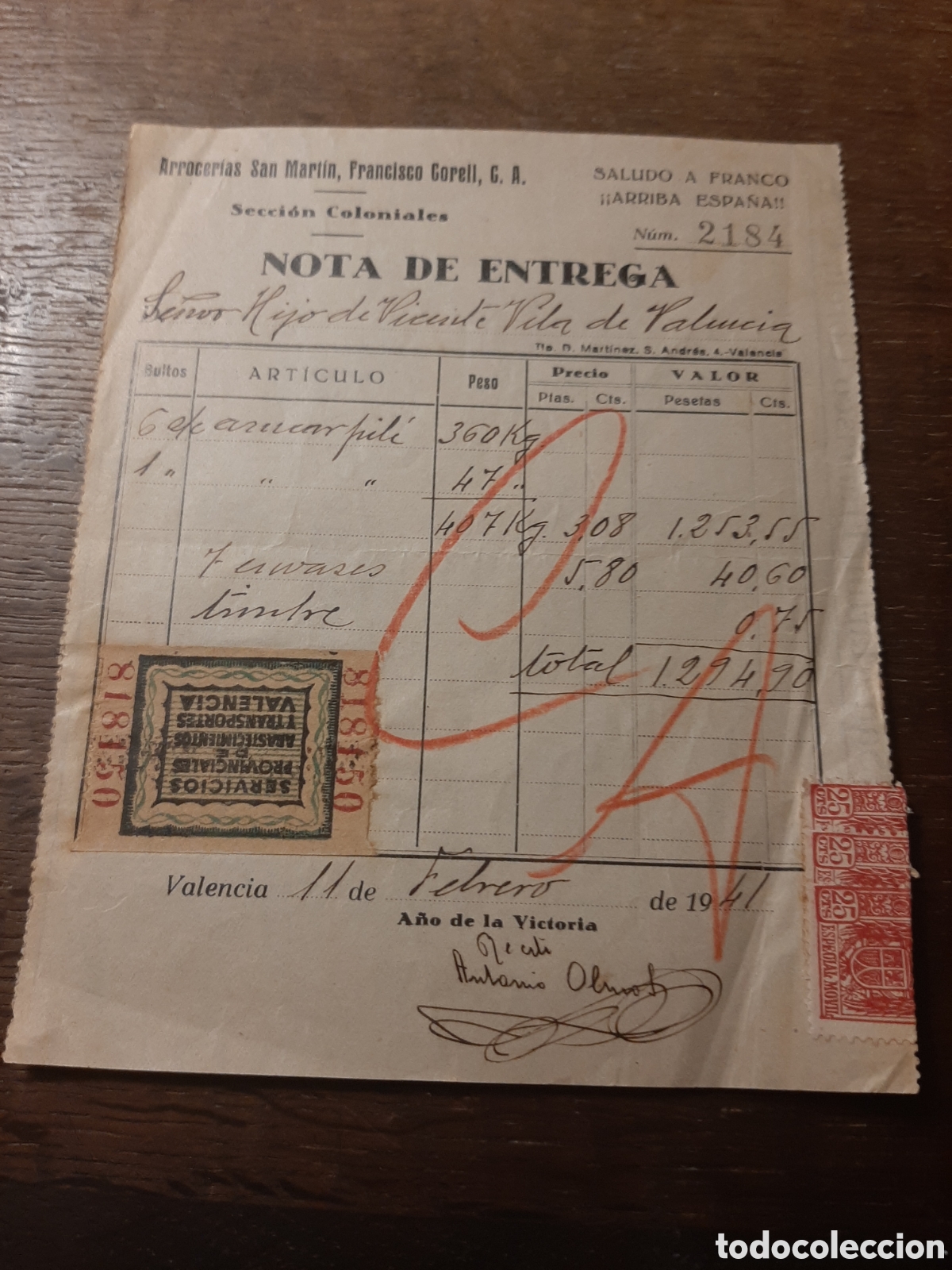 Cartas comerciales: Antigua factura de 407 kilos de Az&uacute;car. Valencia 11 Febrero de 1941.