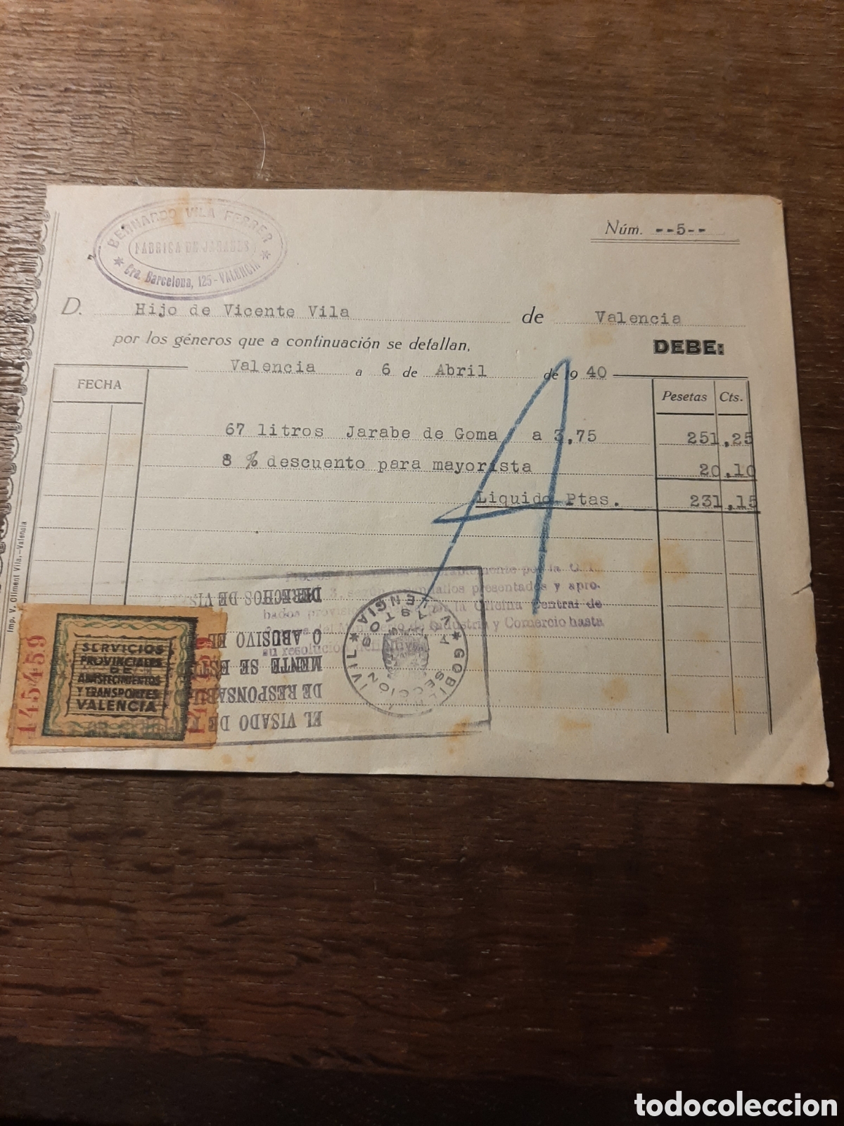 Cartas comerciales: Antigua factura de JARABE DE GOMA. A&ntilde;o 1940.