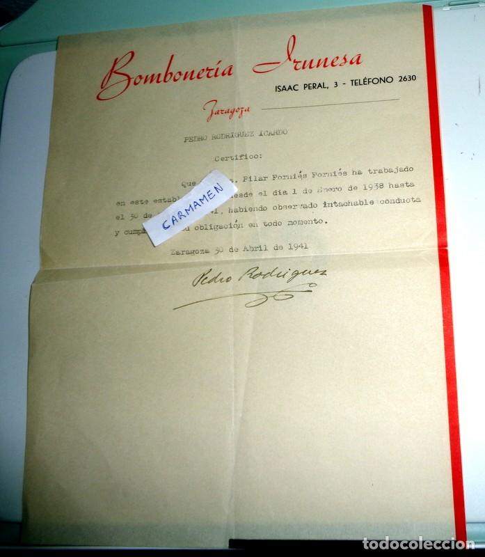 Cartas comerciales: CARTA de RECOMENDACI&Oacute;N ANTIGUA A&Ntilde;O 1941. BOMBONER&Iacute;A DE ZARAGOZA. CALLE ISAAC PERAL 3