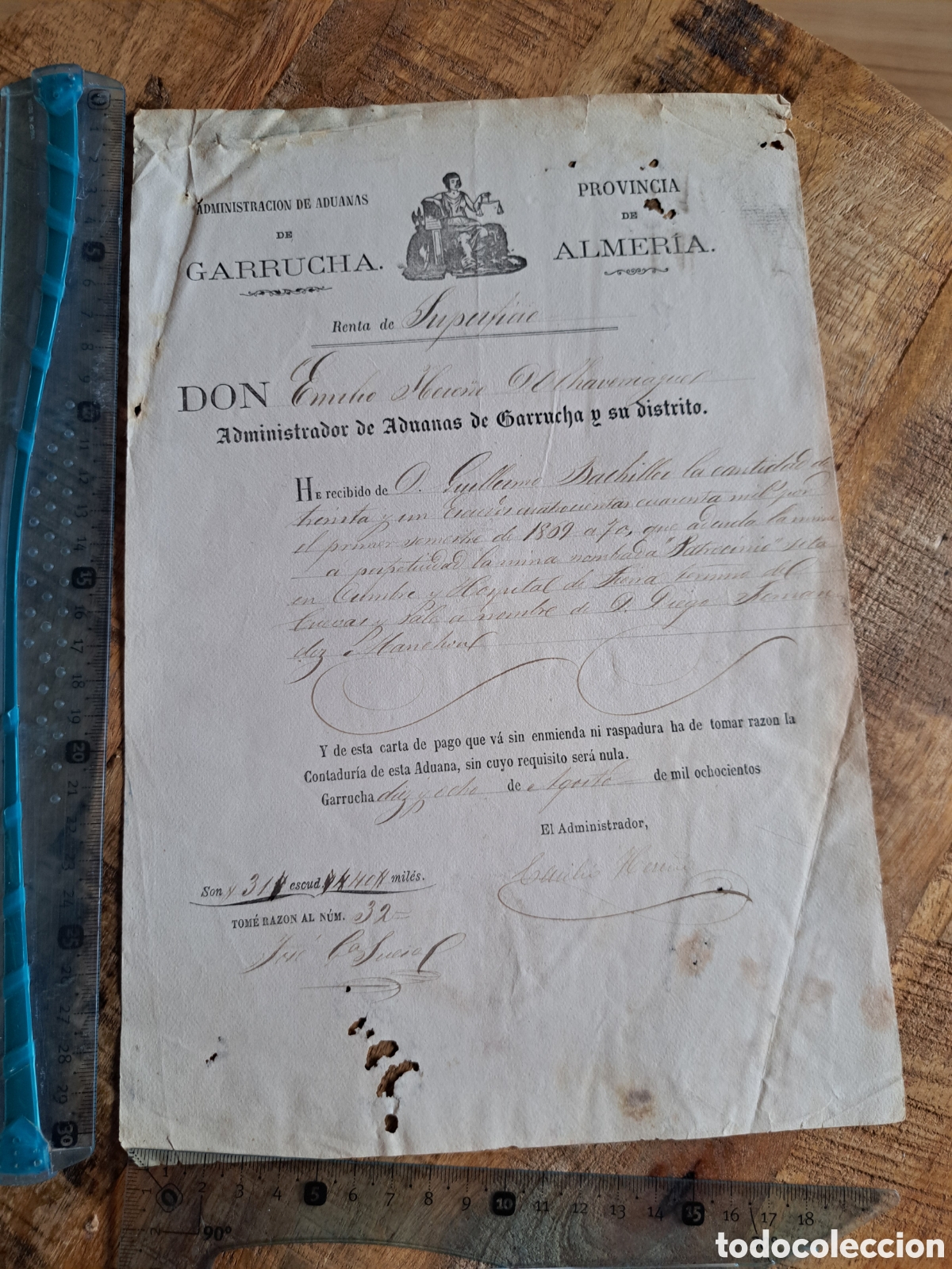 Cartas comerciales: Jml Documento Administraci&oacute;n Aduanas De Garrucha, canon Sierra Almagrera, Cuevas,Almeria, a&ntilde;o 1869